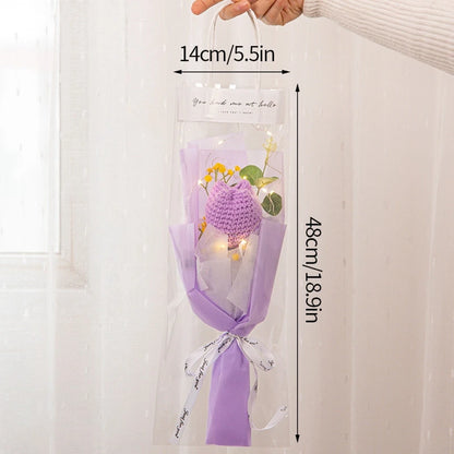 Kit completo de buquê de crochê de LED feito à mão, buquê de crochê, flor folhada falsa