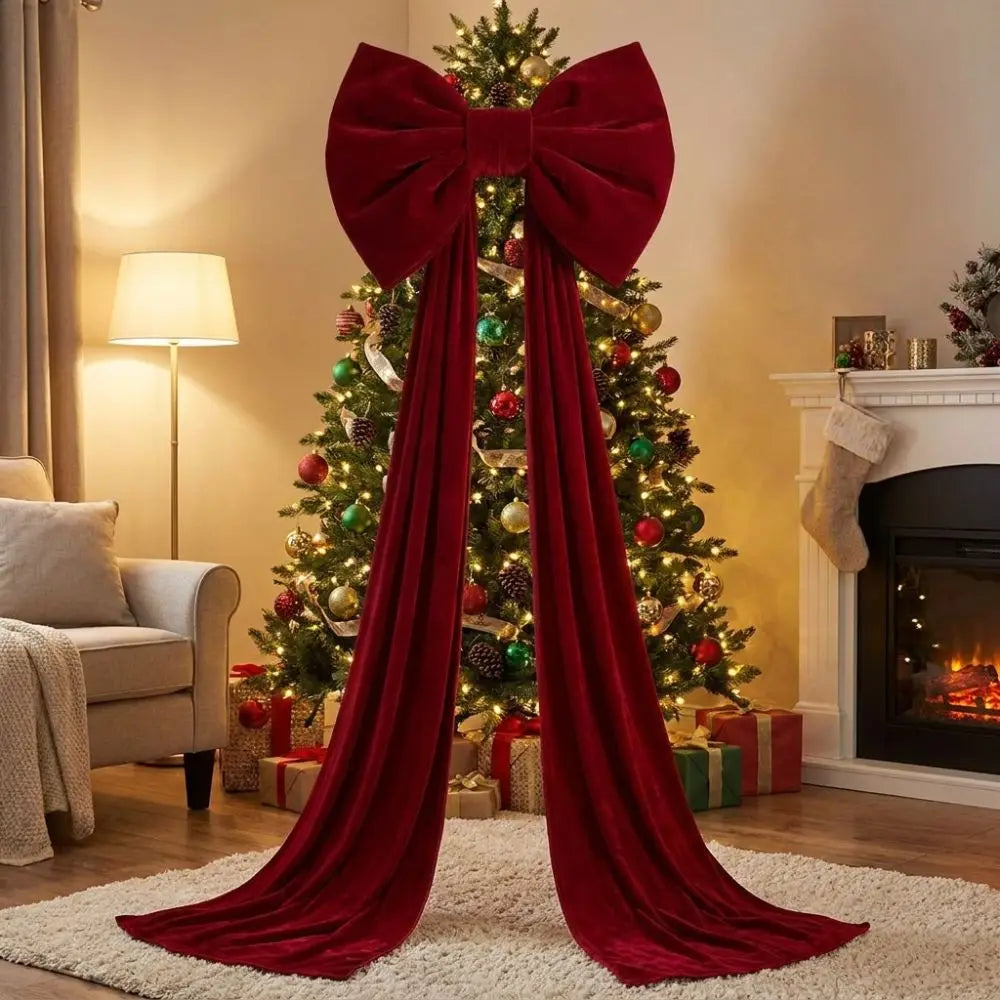 Laço de Natal Gigante em Veludo Cor-de-Rosa com Serpentinas Longas e Shopping Laço Decorativo