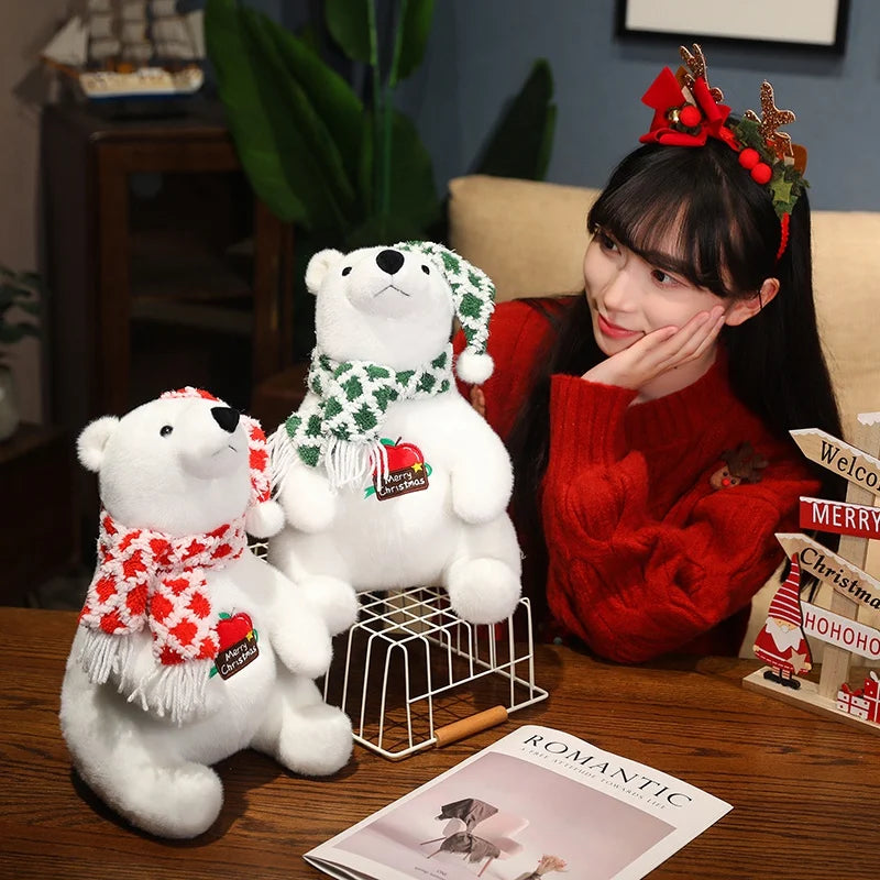 Urso Natal polar de pelúcia – Urso de pelúcia branco com cachecol | Animais de pelúcia