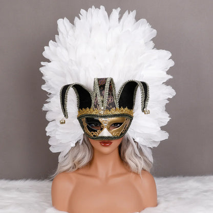 Máscara Veneziana Arlequim com Penacho de Plumas Pretas (Máscara de Bobo da Corte / Carnaval Veneziano)