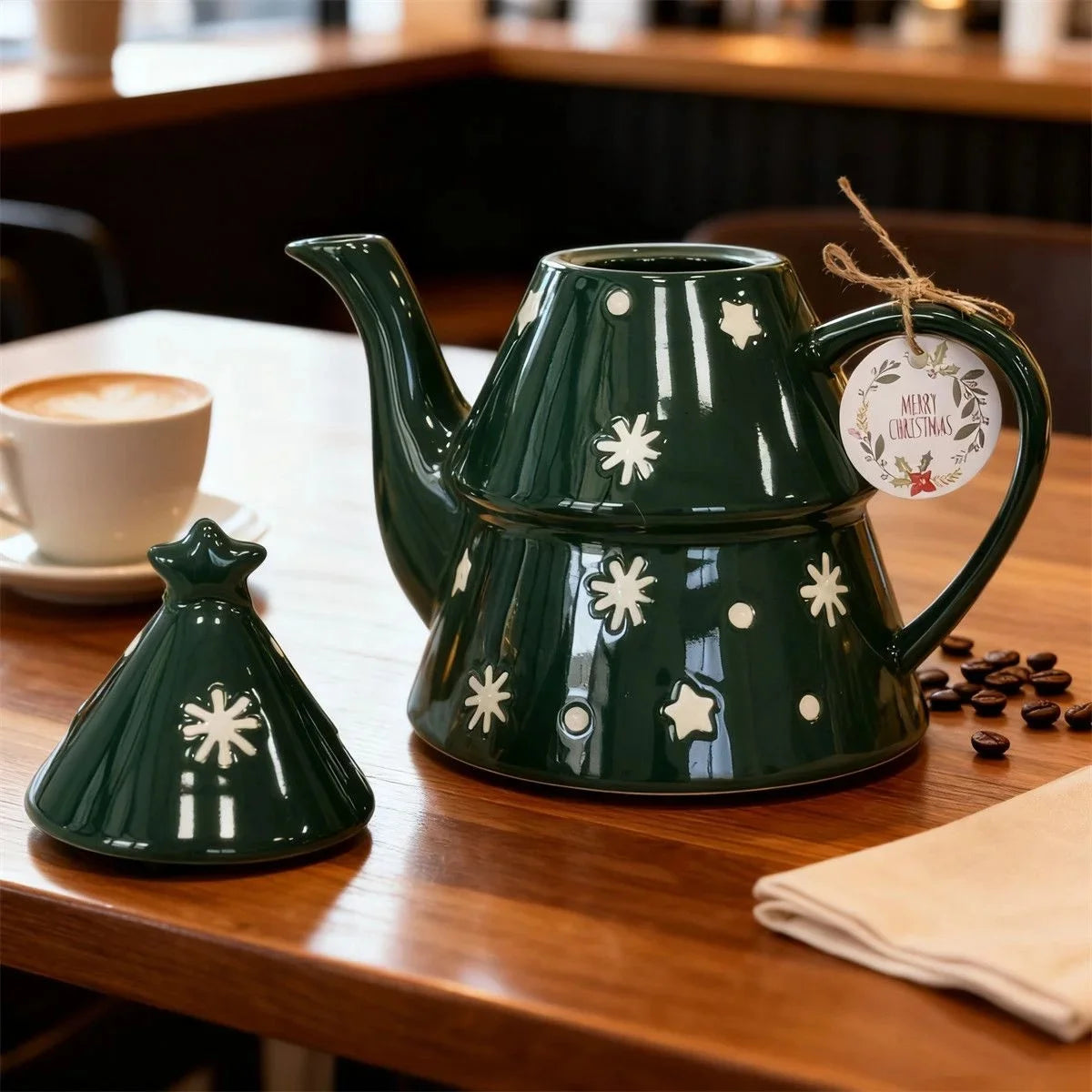 Bule de Chá em Formato de Árvore de Natal (820ml) e Bule de Porcelana Árvore de Natal Decorativo Cerâmica