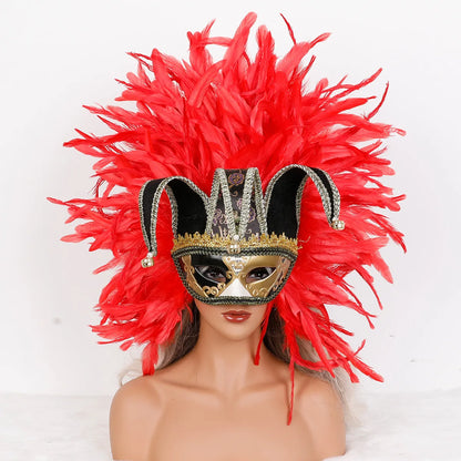 Máscara Veneziana Arlequim com Penacho de Plumas Pretas (Máscara de Bobo da Corte / Carnaval Veneziano)