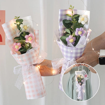 Kit completo de buquê de crochê de LED feito à mão, buquê de crochê, flor folhada falsa