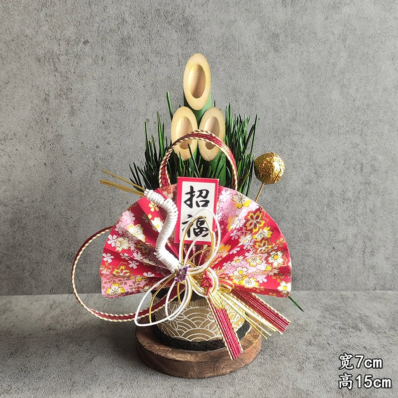 Vaso Três Tubos Leque Dourado com Placa de Madeira, Adorno de Mesa de Ano Novo Japonês (Kadomatsu)