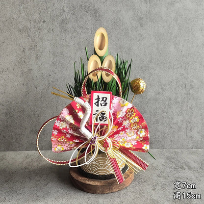 Vaso Três Tubos Leque Dourado com Placa de Madeira, Adorno de Mesa de Ano Novo Japonês (Kadomatsu)