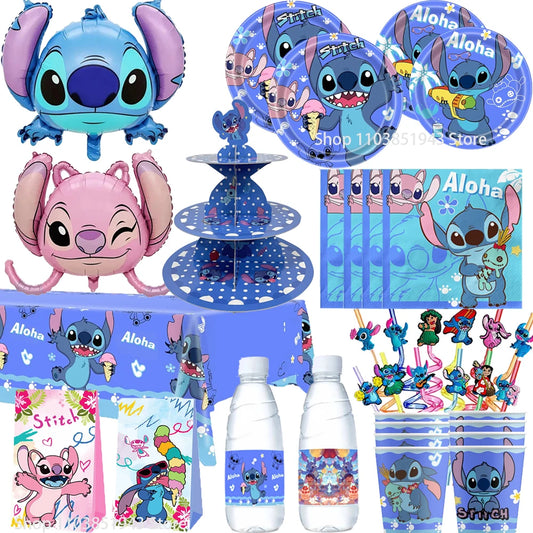 Kit Decoração Festa de Aniversário Infantil Painel + Displays Stitch e Angel 3D