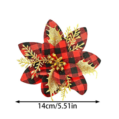 Flor de Poinsétia Artificial Xadrez para decoração de Natal, Tamanho: Cerca de 14 cm a 14,5 cm de largura.