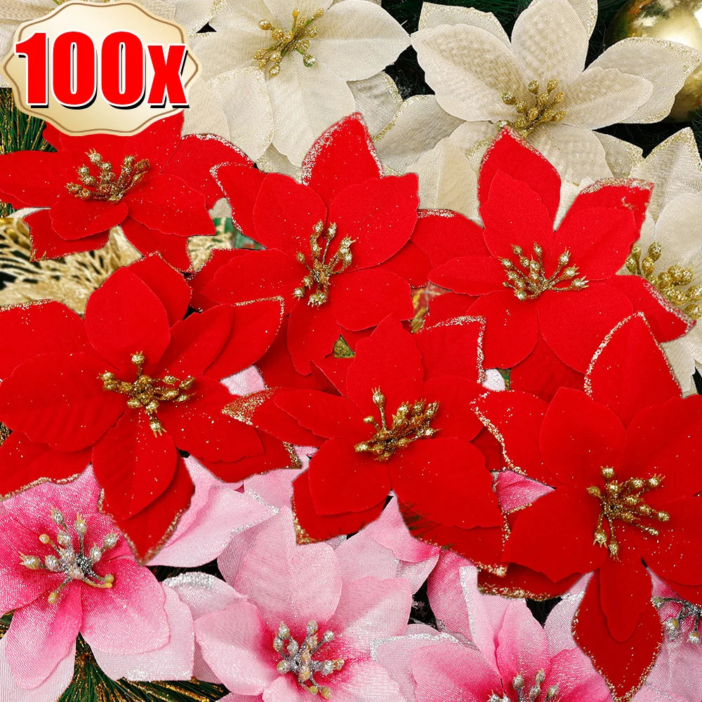 Flores Natal Glitter Artificial 10/100 peças de Enfeite de Árvore de Natal de Poinsétia Glitter