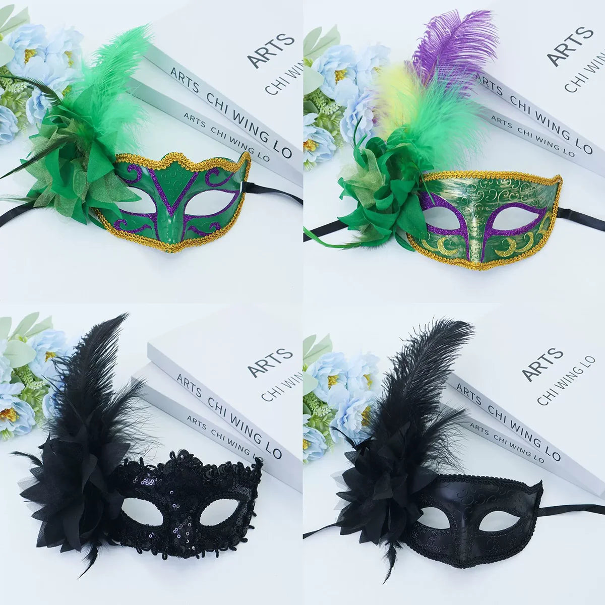 Máscara emplumada Carnaval desenho Carnaval Verde Roxo Amarelo PVC