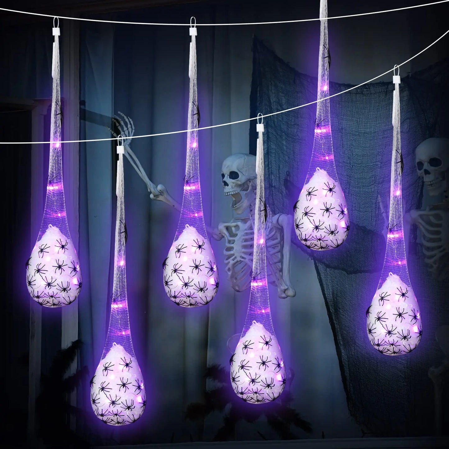 Decoração de Halloween, 1 peças de sacos de ovos de aranha luminosos pendurados