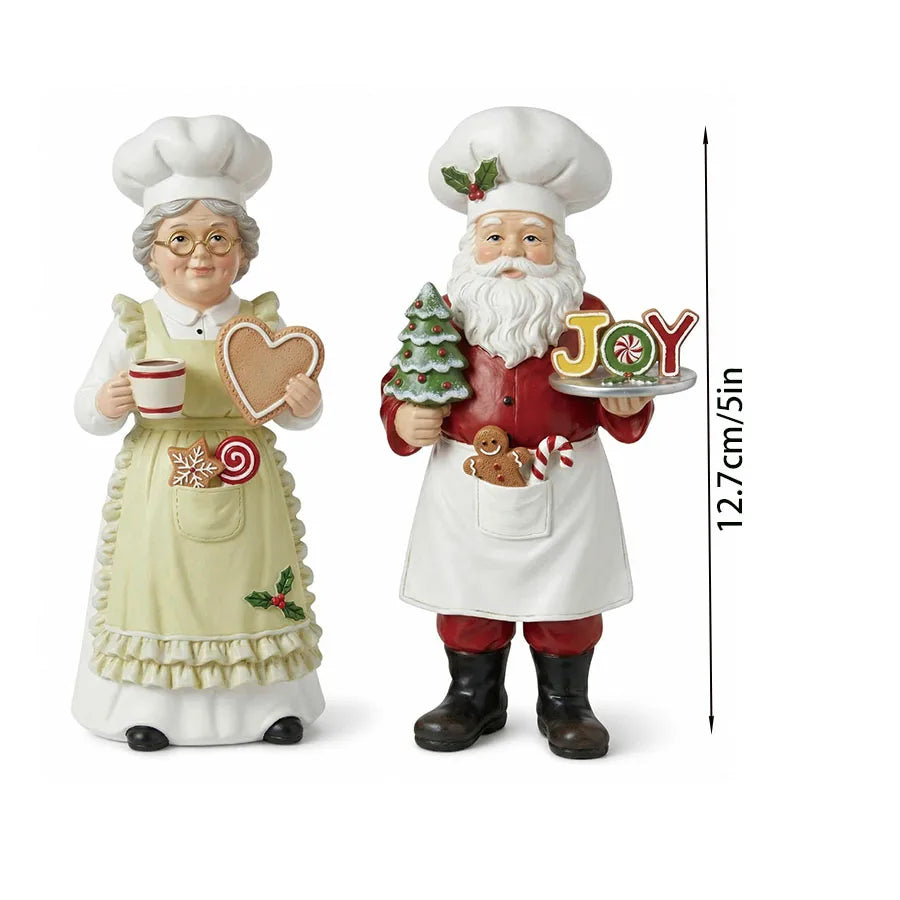 Chef Papai Noel Decorativo e Enfeite de Natal Casal Papai Noel e Mamãe Noel Cozinheiros Resina 13cm