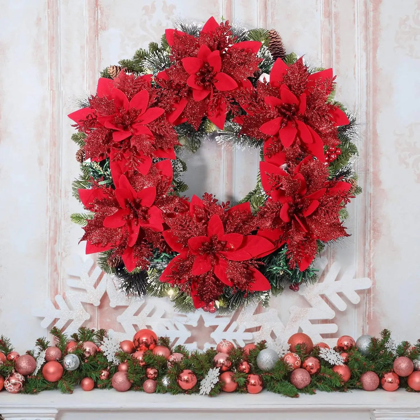 Flores Natal Glitter Artificial 5/10/20/30 peças de Poinsétia de Flores de Natal e Purpurina