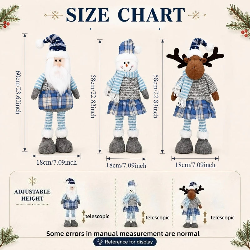 Boneco de Papai Noel Azul Decoração de Natal em Tecido Xadrez Azul com Papai Noel