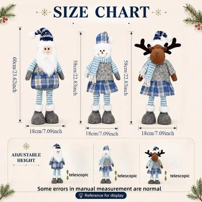 Boneco de Papai Noel Azul Decoração de Natal em Tecido Xadrez Azul com Papai Noel