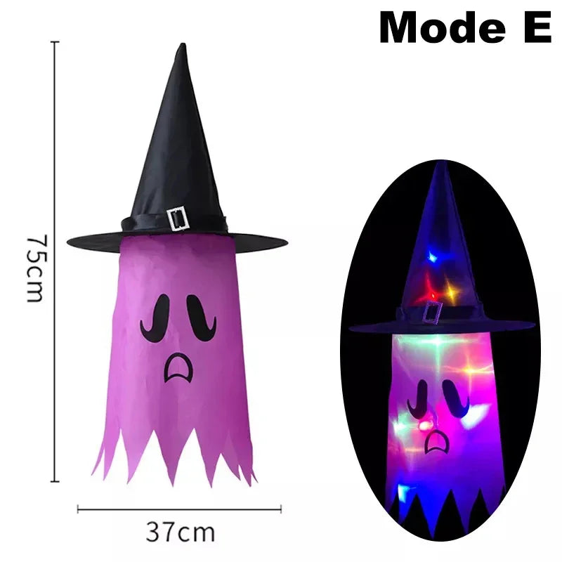 10 Peças de decoração suspensa de Halloween, chapéus de bruxa fantasma iluminados