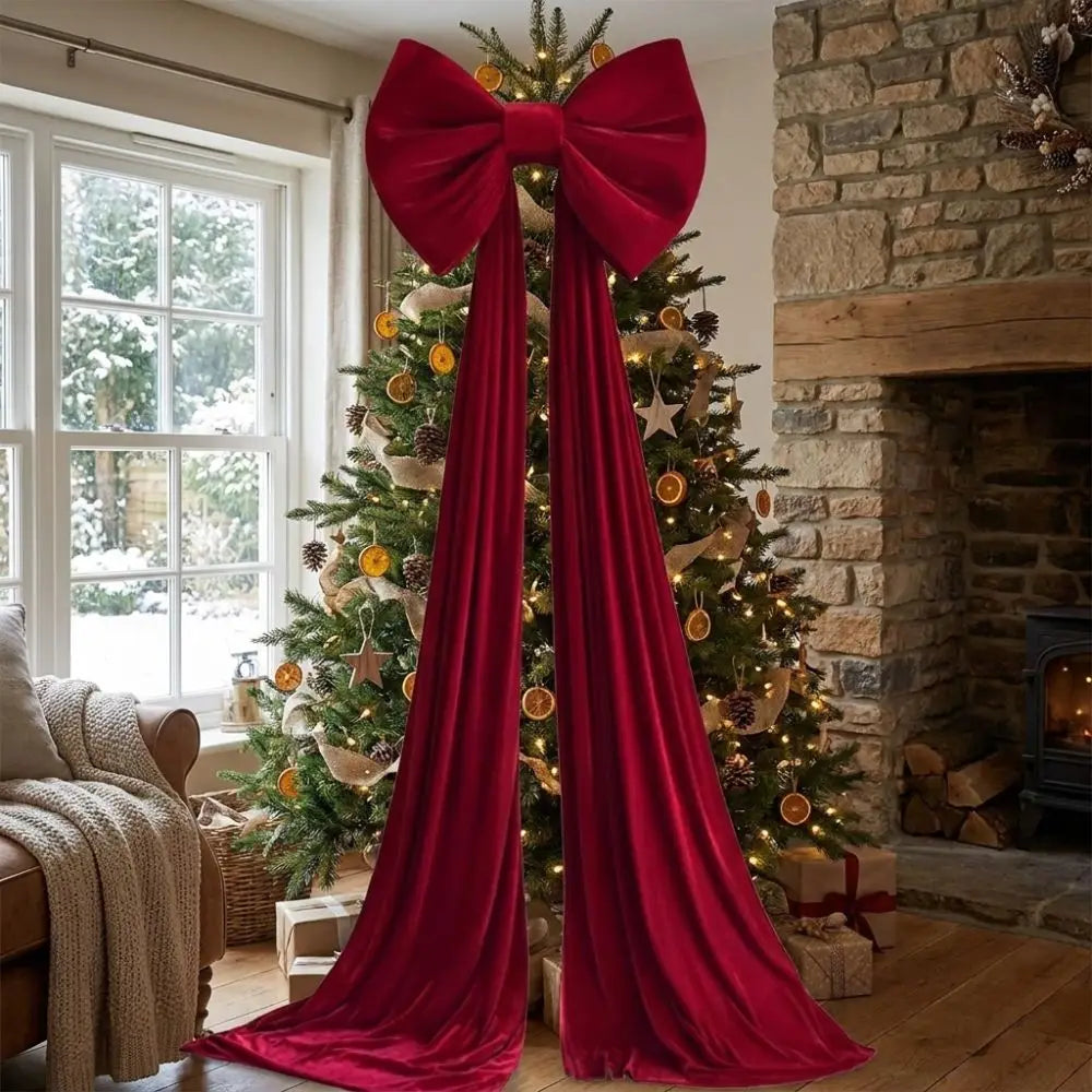 Laço de Natal Gigante em Veludo Cor-de-Rosa com Serpentinas Longas e Shopping Laço Decorativo