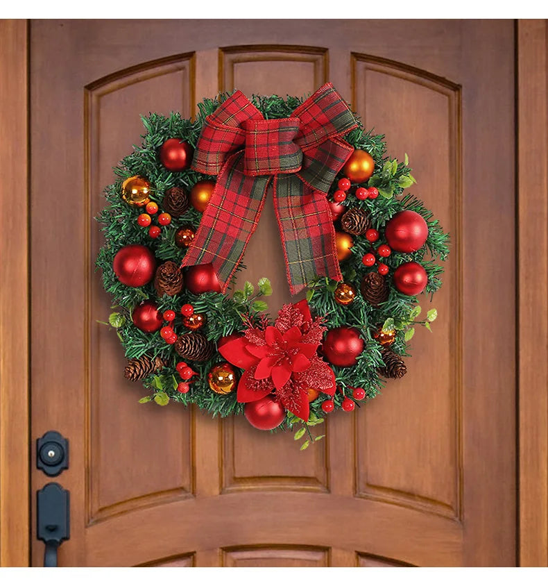 Guirlanda de Natal iluminada de 37,5 cm com grande laço xadrez de búfalo, pinhas e frutas