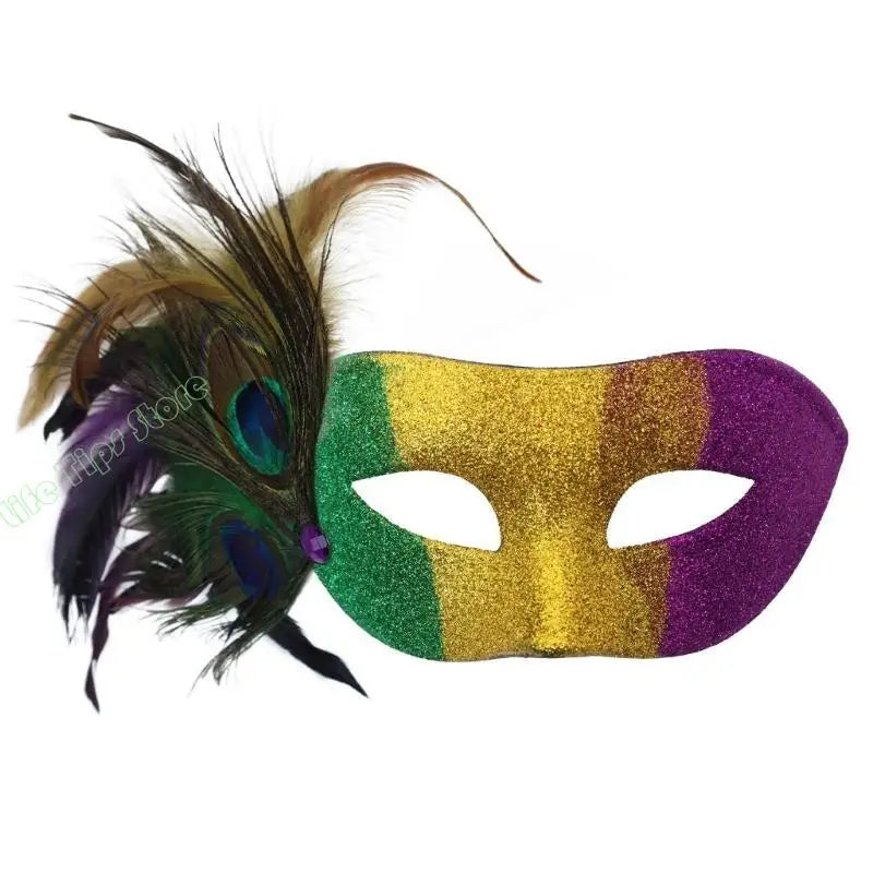 Máscara de Baile de Carnaval Estilo Veneziano Carnaval Enfeitada com Glitter nas Cores Verde, Dourado e Roxo