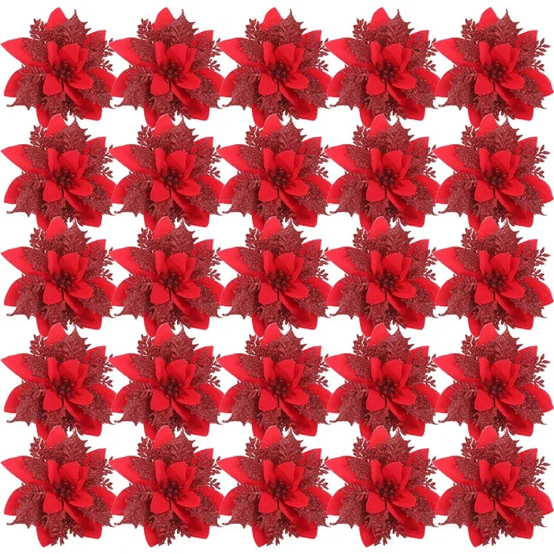 Flor Vermelha Natalina com Glitter  Flores Natal Artificiais Glitter de 14 cm, 5/10/20/50 Peças