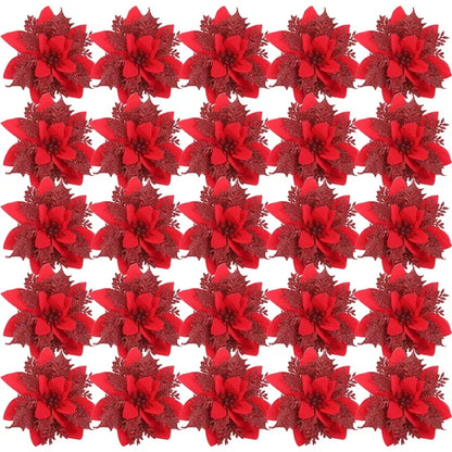 Flor Vermelha Natalina com Glitter  Flores Natal Artificiais Glitter de 14 cm, 5/10/20/50 Peças