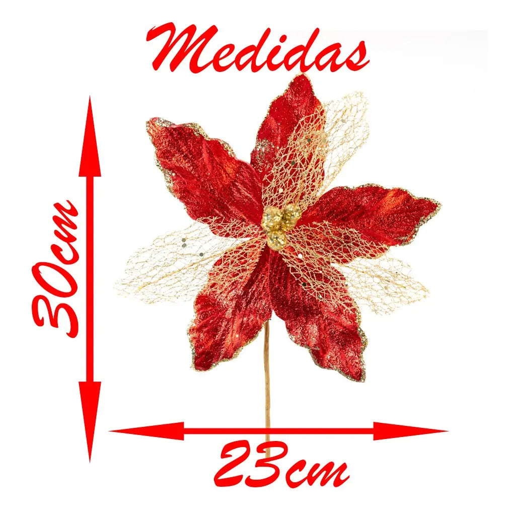 Kit 2 Flores Artificiais para Arranjo Decorativo com Glitter Dourado Vermelho 30cm*23cm