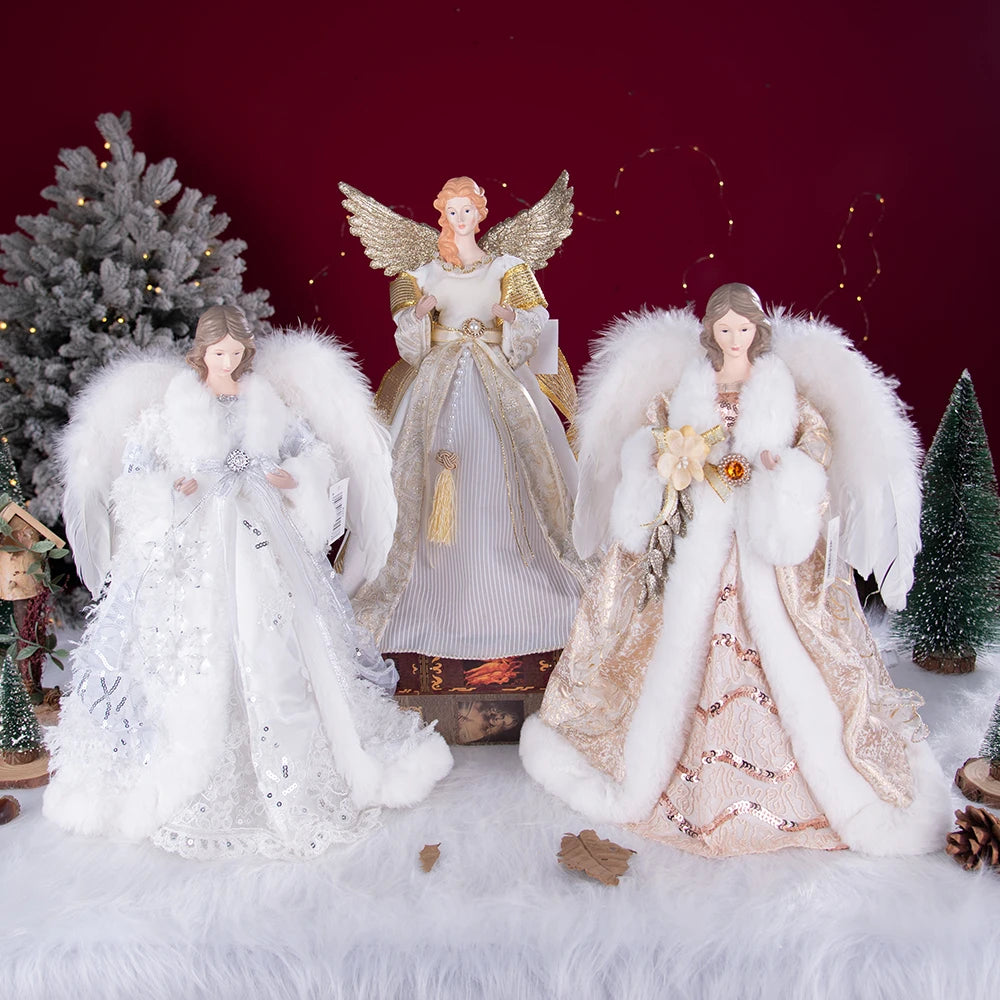 Enfeite de árvore de anjo de Natal asas douradas, elegante estatueta anjo vestido verde
