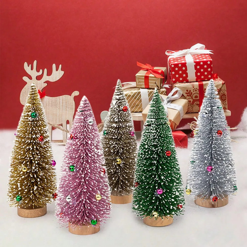Árvores de Natal em Miniatura de Mesa - Pinheiro Artificial com Base de Madeira, Enfeite
