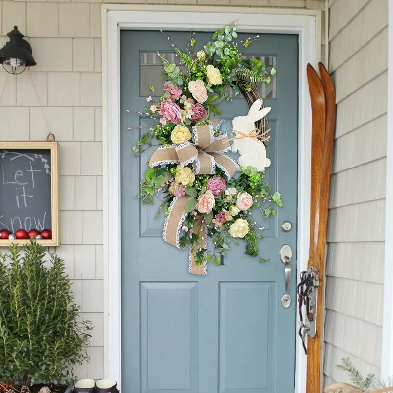 Guirlanda de decoração de páscoa para porta da frente, primavera, verão, coelhinho