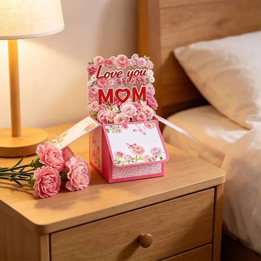 Cartão pop-up feliz Dia das Mães, buquê de flores 3D cartão comemorativo com envelope