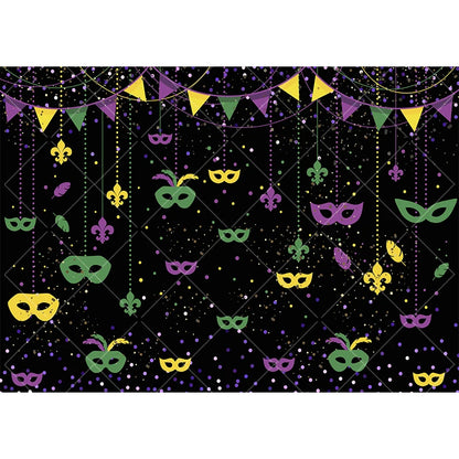 Carnaval, cenário fotográfico, roxo, verde, dourado, máscara, baile, dança, fundo máscaras