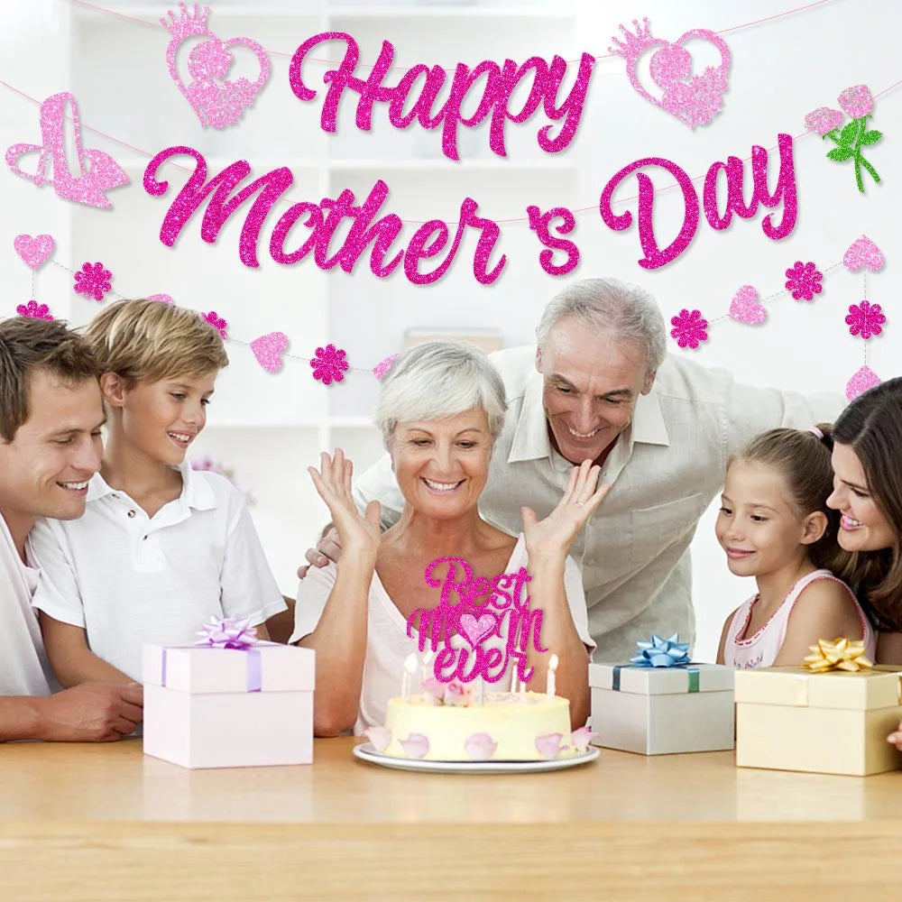 Feliz Dia das Mães Banner Decorações - Sinal de Guirlanda de Mães com Glitter Rosa Banner