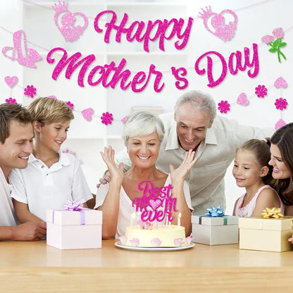 Feliz Dia das Mães Banner Decorações - Sinal de Guirlanda de Mães com Glitter Rosa Banner
