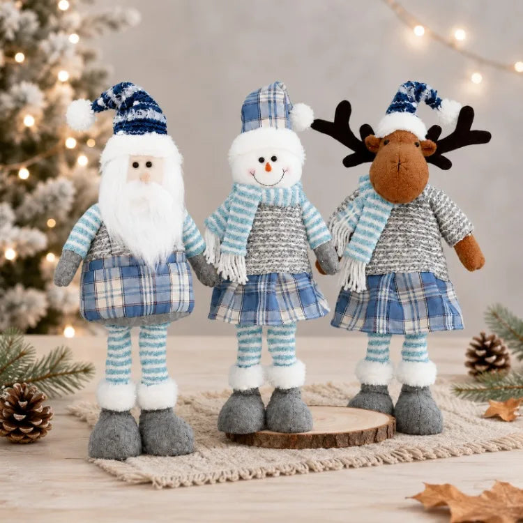Boneco de Papai Noel Azul Decoração de Natal em Tecido Xadrez Azul com Papai Noel