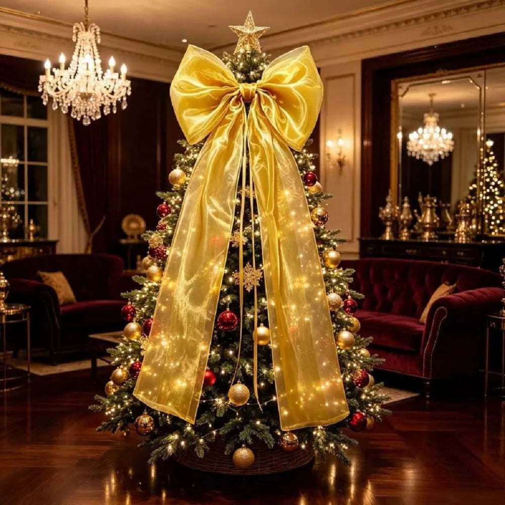 Laço Decorativo Gigante Dourado para Árvore de Natal com Fitas Longas Ouro/Dourado (Serpentinas)