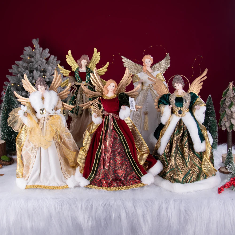 Enfeite de árvore de anjo de Natal asas douradas, elegante estatueta anjo vestido verde