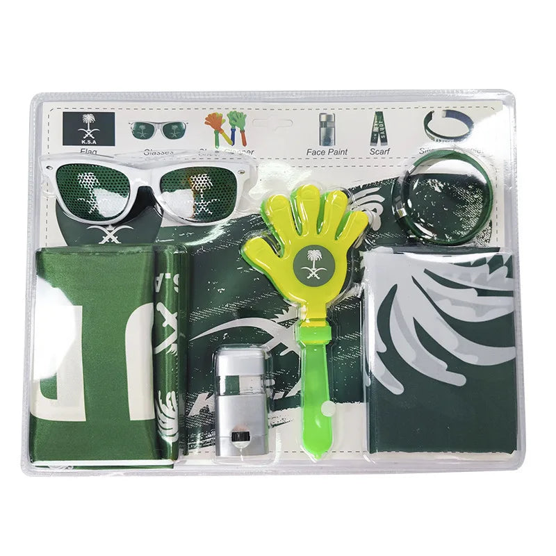 Kit Torcida Brasil 6 peças Bandeira, Pintura Facial, Bastão, Trompete, Pistola, Brasileiro