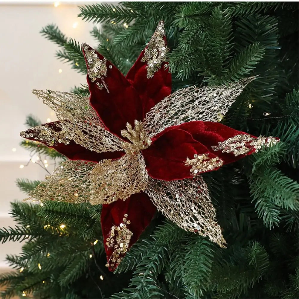 Flor Bico de Papagaio Natal Escolha Veludo Champanhe Glitter e Lantejoulas Luxo 29cm