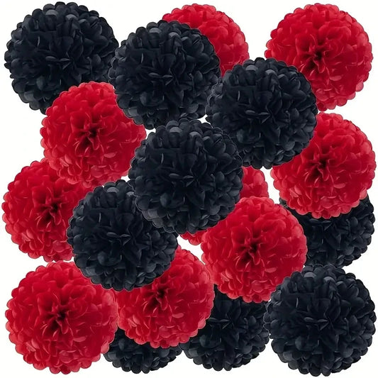 Teto (Cassino Las Vegas) 6 pompons de papel de seda vermelhos e pretos para pendurar