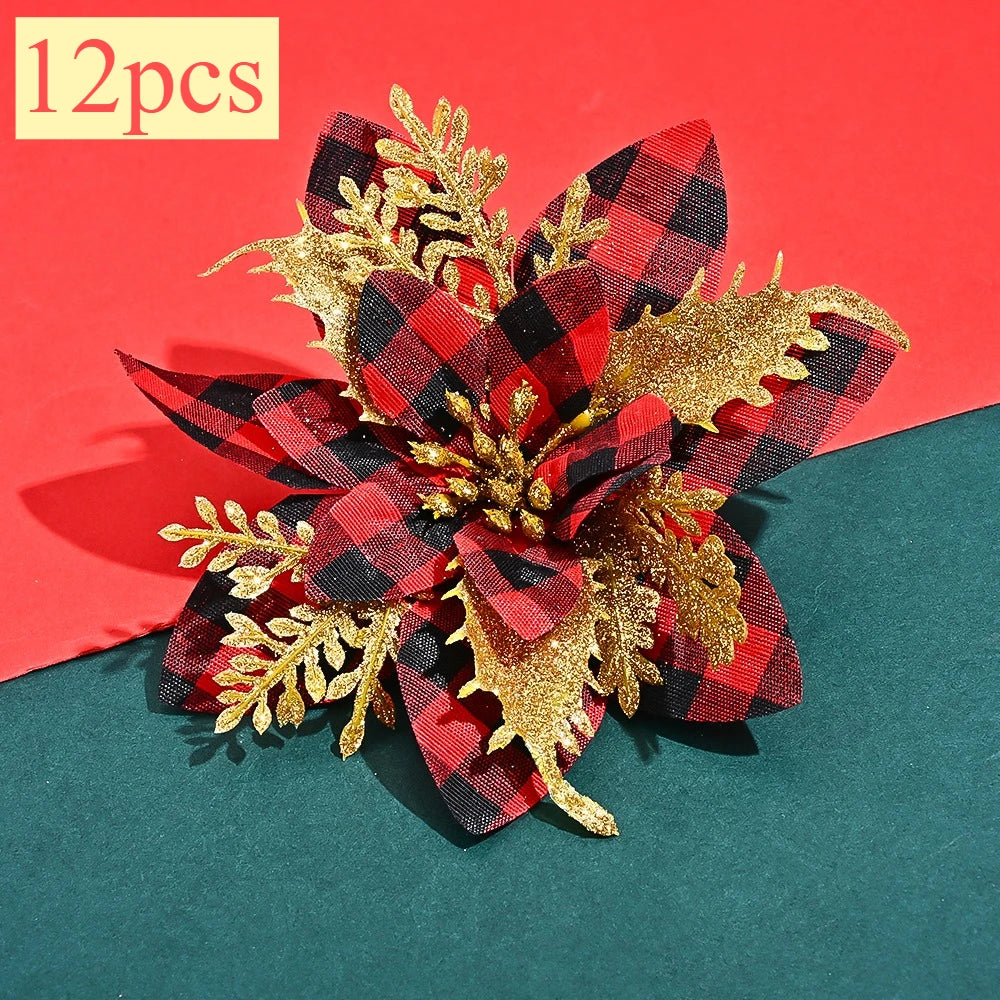 Flor de Poinsétia Artificial Xadrez para decoração de Natal, Tamanho: Cerca de 14 cm a 14,5 cm de largura.