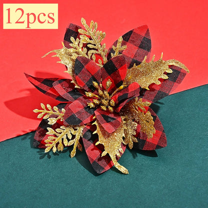 Flor de Poinsétia Artificial Xadrez para decoração de Natal, Tamanho: Cerca de 14 cm a 14,5 cm de largura.