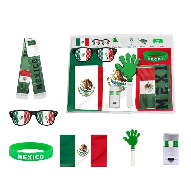 Kit Torcida Brasil 6 peças Bandeira, Pintura Facial, Bastão, Trompete, Pistola, Brasileiro