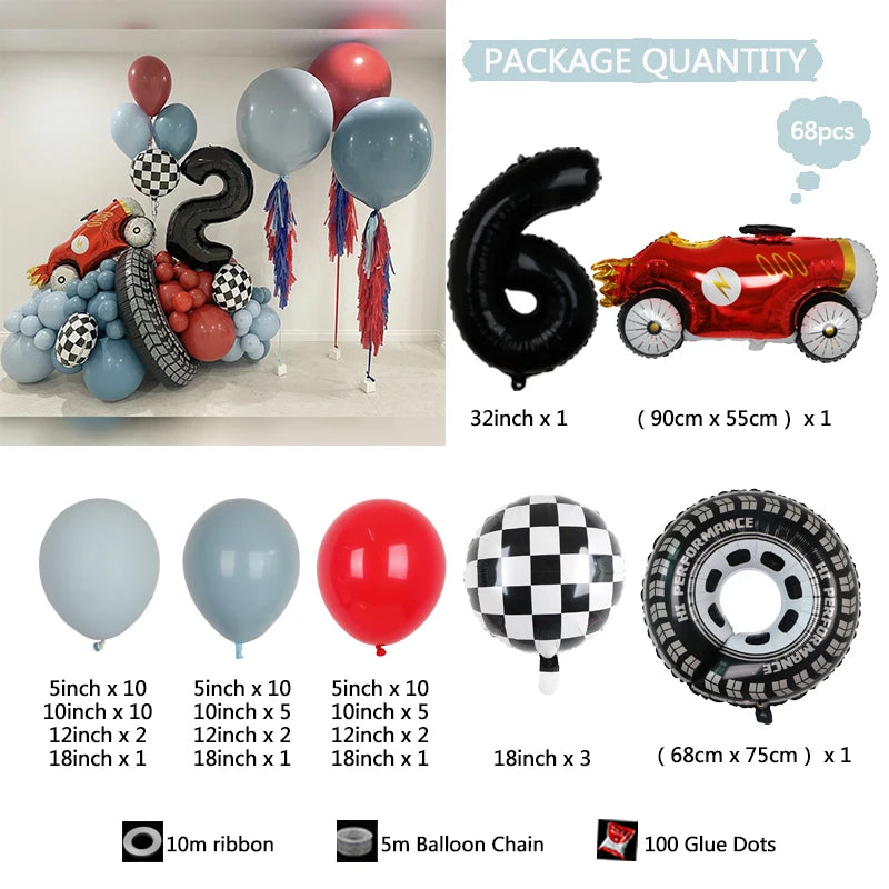 Kit Festa Hot Wheels 68 balões metalizados quadriculados vermelhos e brancos em formato