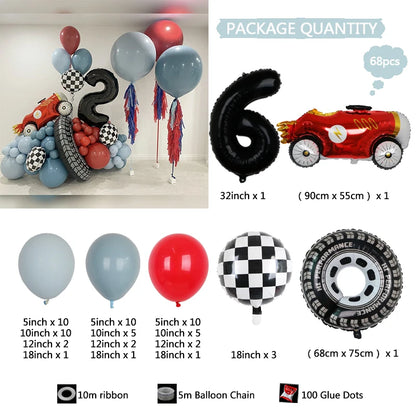 Kit Festa Hot Wheels 68 balões metalizados quadriculados vermelhos e brancos em formato