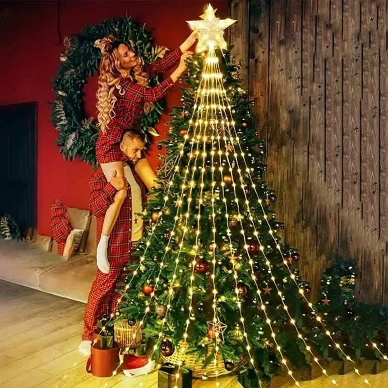 Corda Natal cachoeira com estrela 300 LED, penduradas 40 cm, cortina estrela