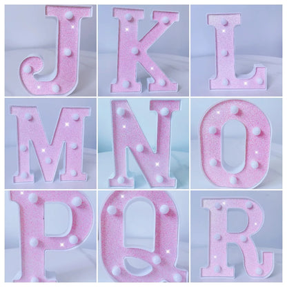 Letra de LED para letreiro de letreiro, letras rosa iluminadas com glitter alfabeto letrado