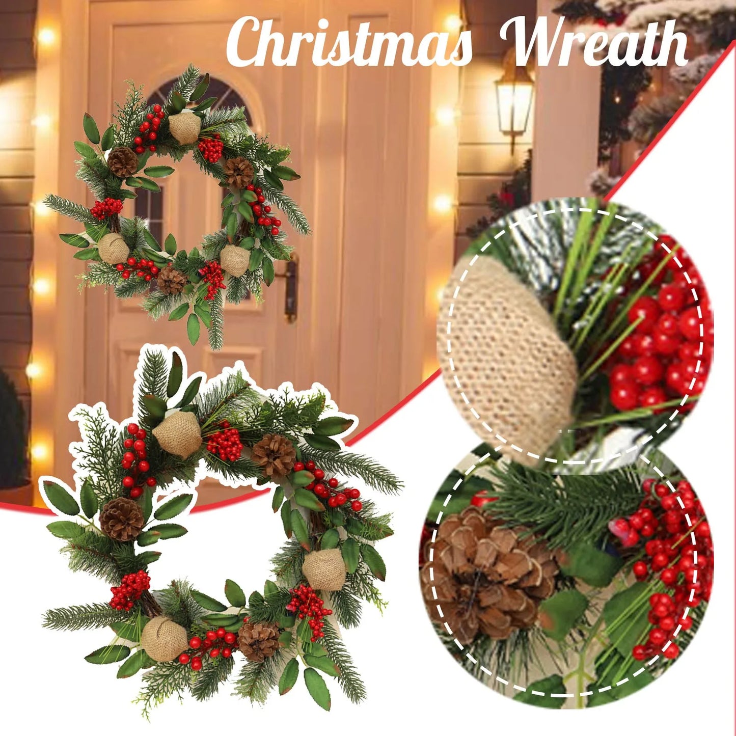 Guirlanda de Natal com pinhas, laço de algodão, guirlanda de porta Natal, guirlanda artificial