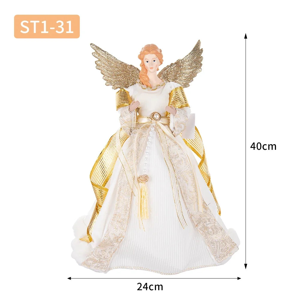Enfeite de árvore de anjo de Natal asas douradas, elegante estatueta anjo vestido verde