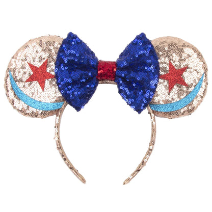 Tiara de orelhas de Disney iluminada de luxo com laço piscante e estampa de bolinhas