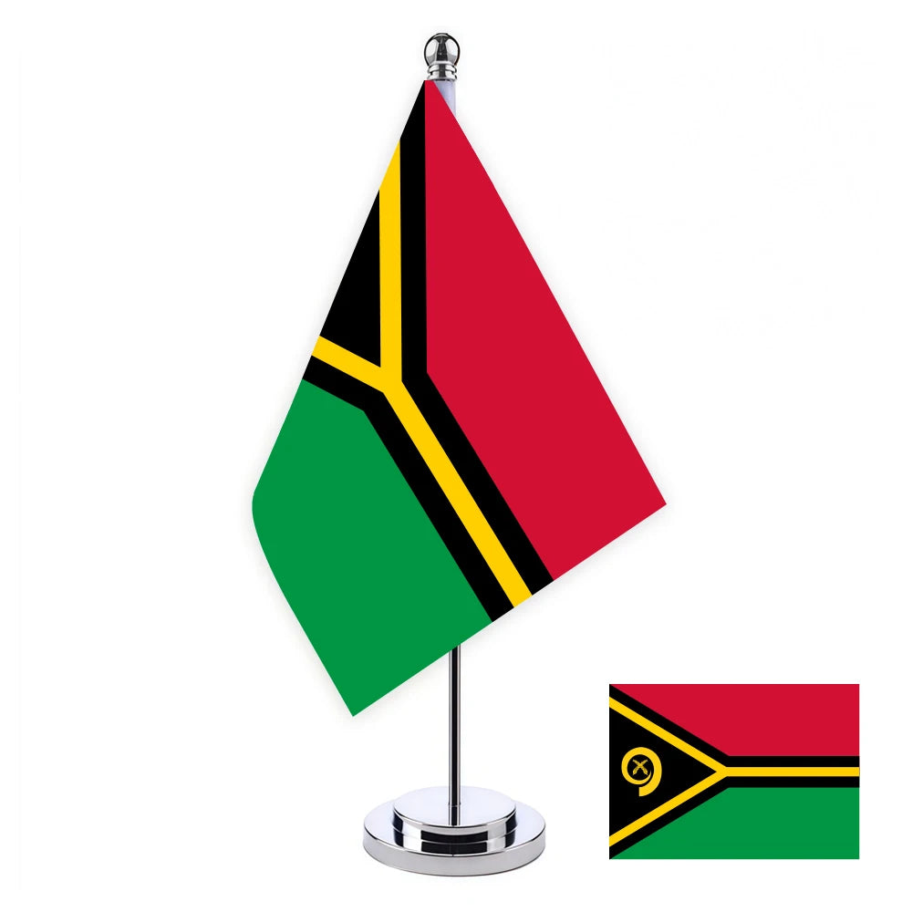 Bandeira de Mesa de Vanuatu (com Mastro e Base de plástico) Acompanhada da Representação Plana do Símbolo