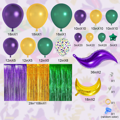 Kit de arco de guirlanda de balões de carnaval, 128 peças, ouro verde roxo com balões